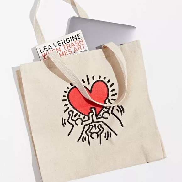 Urban Outfitters Keith Haring Holding Heart Tote Bag, Tan/Black/Red, NWT - Picture 3 of 13